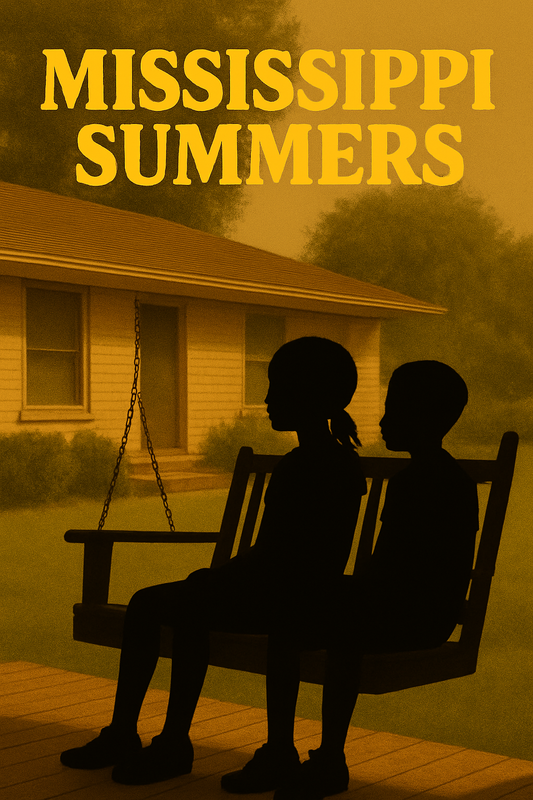 Silhouette of two children on a swing in front of a house with 'Mississippi Summers' text.